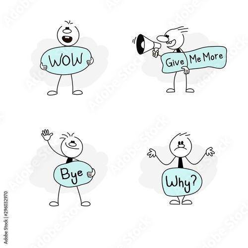 Speech bubbles icons set with stick figures and wow, give me more, bye, why. Hand drawn cartoon vector illustration for social design.