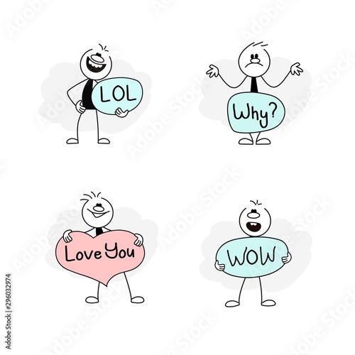 Speech bubbles icons set with stick figures and lol, why, love you, wow. Hand drawn cartoon vector illustration for social design.