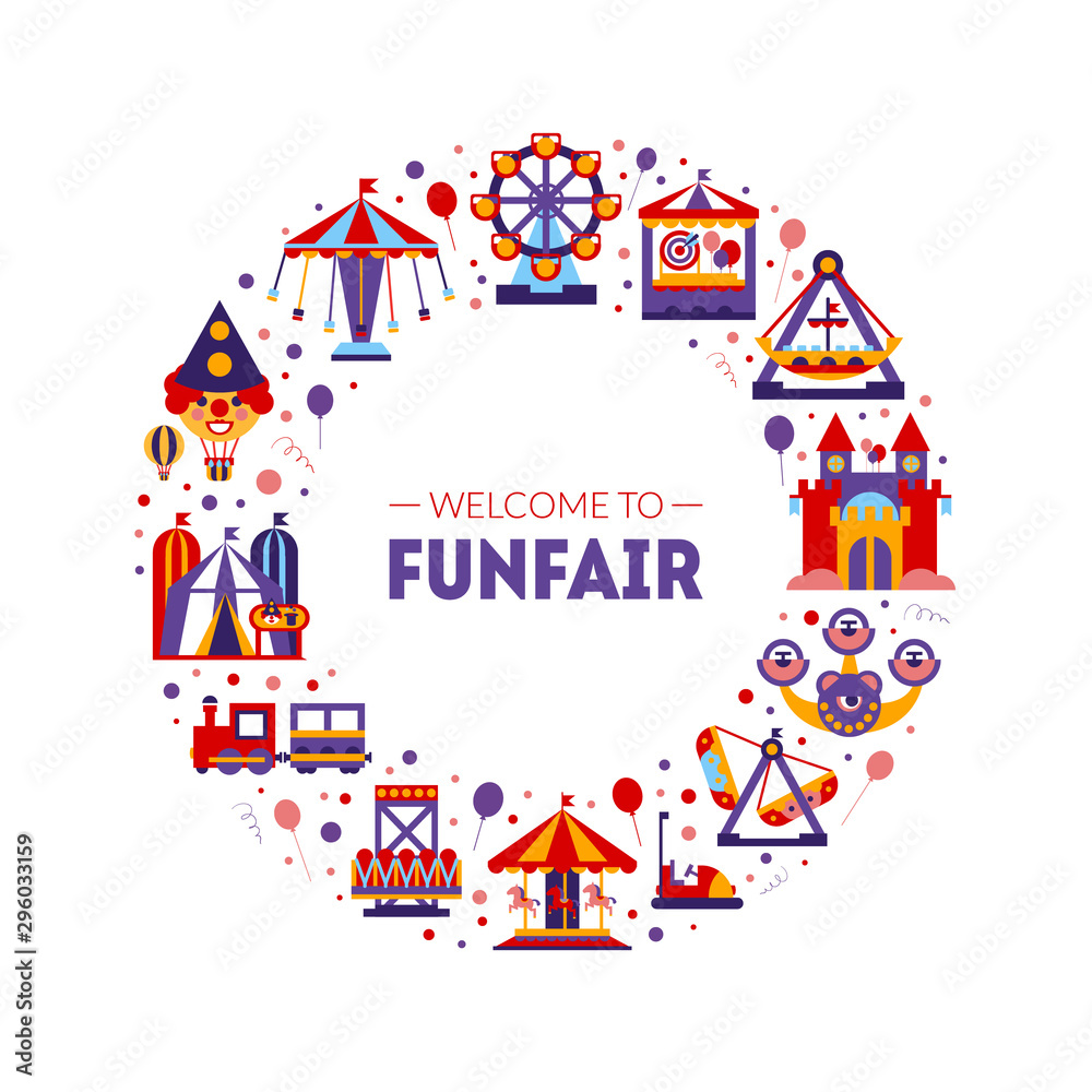 Welcome to Funfair Frame of Circular Shape, Amusement Park Elements Vector Illustration Welcome to Funfair Frame of Circular Shape, Amusement Park Elements Vector Illustration