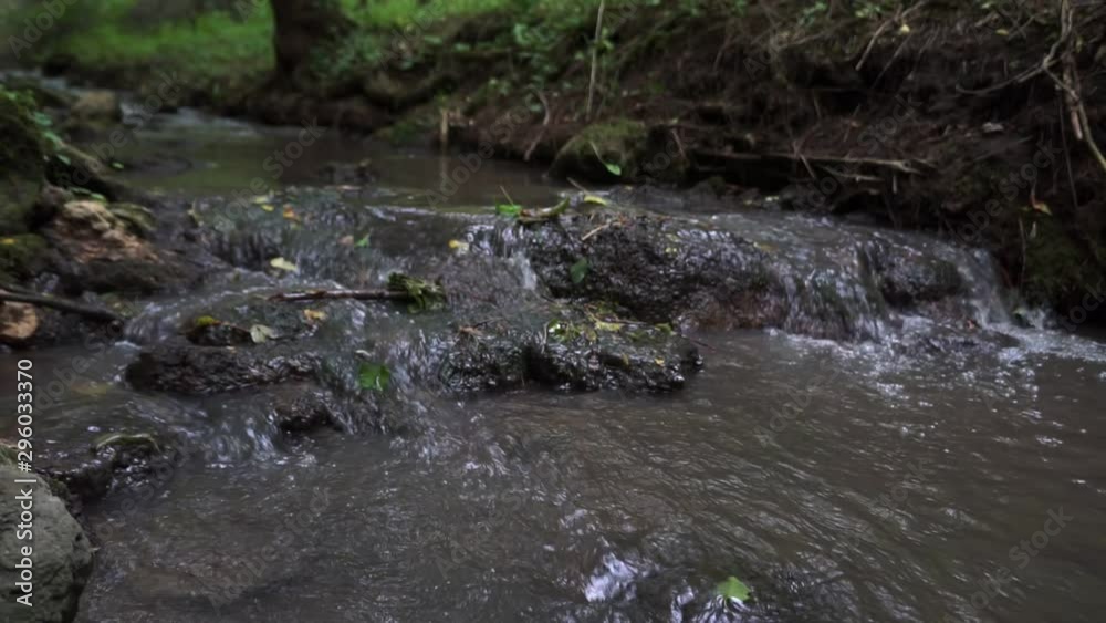 Forest stream running over mossy rocks. Small river waterfall in the summer green woodland Forest stream running over mossy rocks. Small river waterfall in the summer green woodland