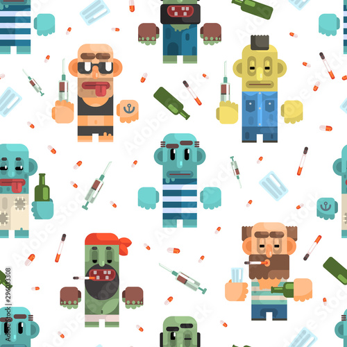 Addicted Men Seamless Pattern, Male Characters Having Pernicious Habits, Drug, Alcoholism, Smoking, Vagrancy Vector Illustration