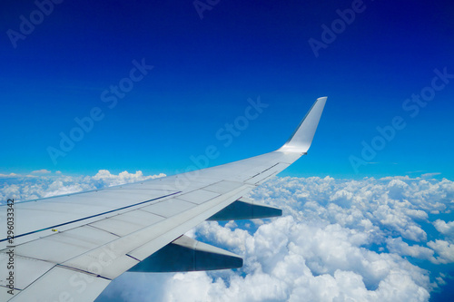 flying and traveling, Clouds and sky as seen through window of an aircraft, view from airplane window on the wing