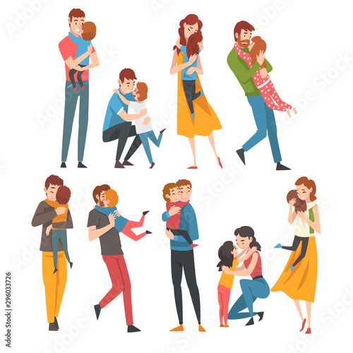 Set of people. Family characters are hugging cartoon vector illustration
