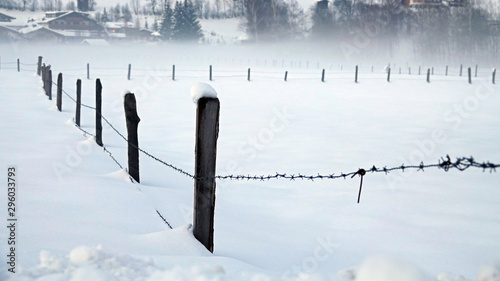 snow covered agriculture field with fence and view to the snow capped mountains © Chamois huntress