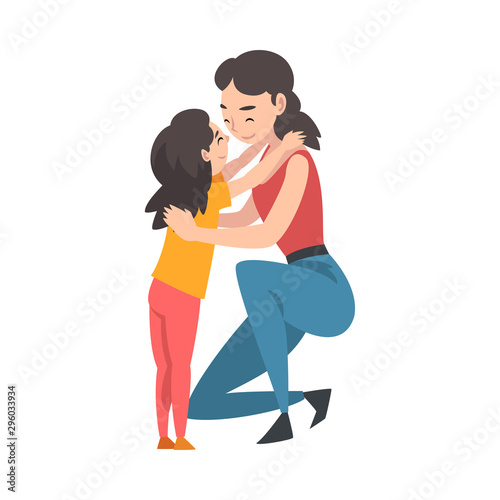 Mother squatted and hugs daughter cartoon vector illustration