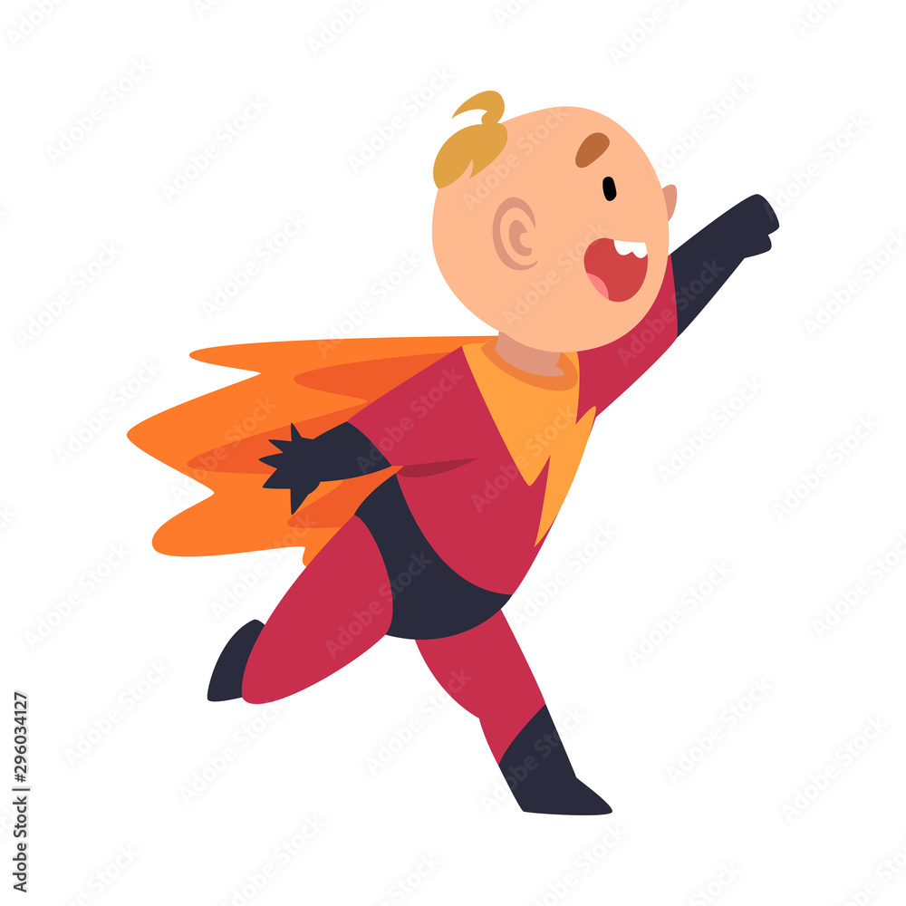 Boy in a superhero costume joyfully runs with his arm outstretched cartoon vector illustration Boy in a superhero costume joyfully runs with his arm outstretched cartoon vector illustration