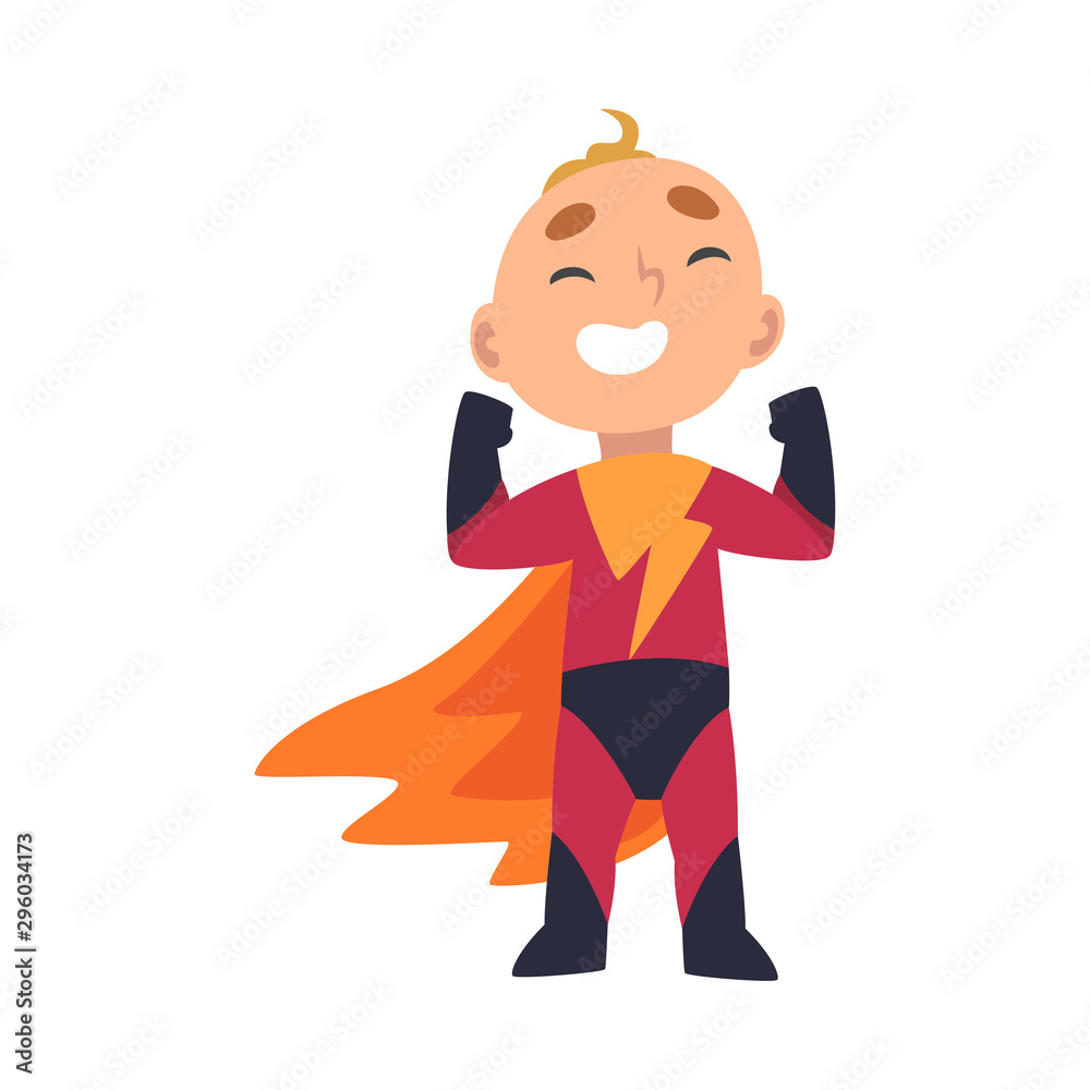 Boy in a superhero costume rejoices holding his fists up cartoon vector illustration Boy in a superhero costume rejoices holding his fists up cartoon vector illustration