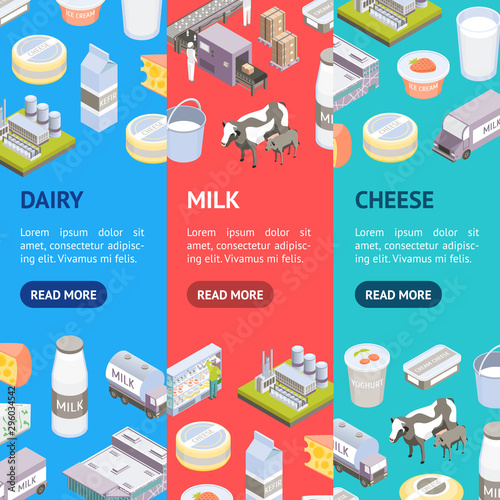 Milk Factory Signs 3d Banner Vecrtical Set Isometric View. Vector