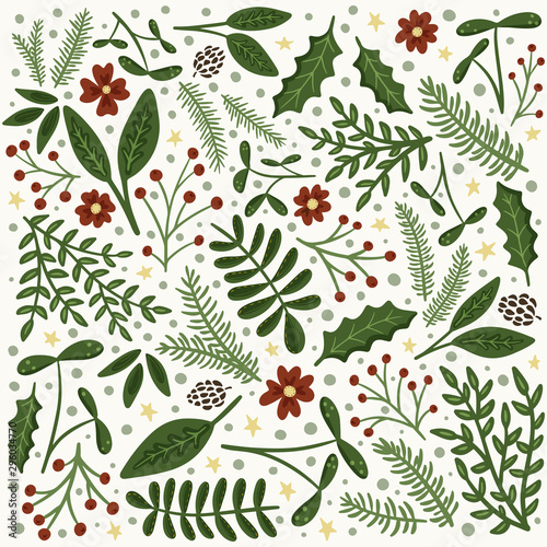 Christmas flowers, holly and pine square pattern background