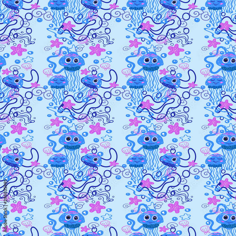 jellyfish baby pattern on a blue background vector illustration for design and decoration