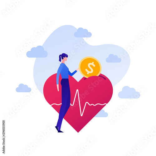 Vector flat charity money people illustration. Female donate coin to heart shape donation box. Concept of social care, insurance healthcare, protection. Design background element for banner, poster