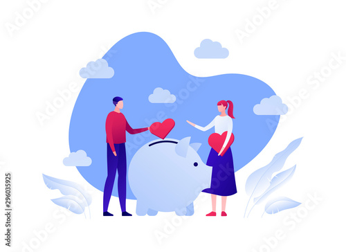 Vector flat charity money people illustration. Family donate heart sign to donation box. Concept of social care, responsobility, protection, love. Design background element for banner, poster