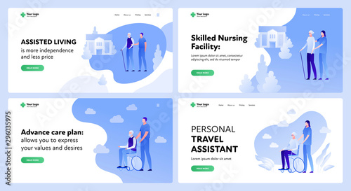 Vector flat elder medicine care landing page template set. Illustration of nursing old people assistance. Concept of medical plan, assisted living. Design for website, app, banner, poster.