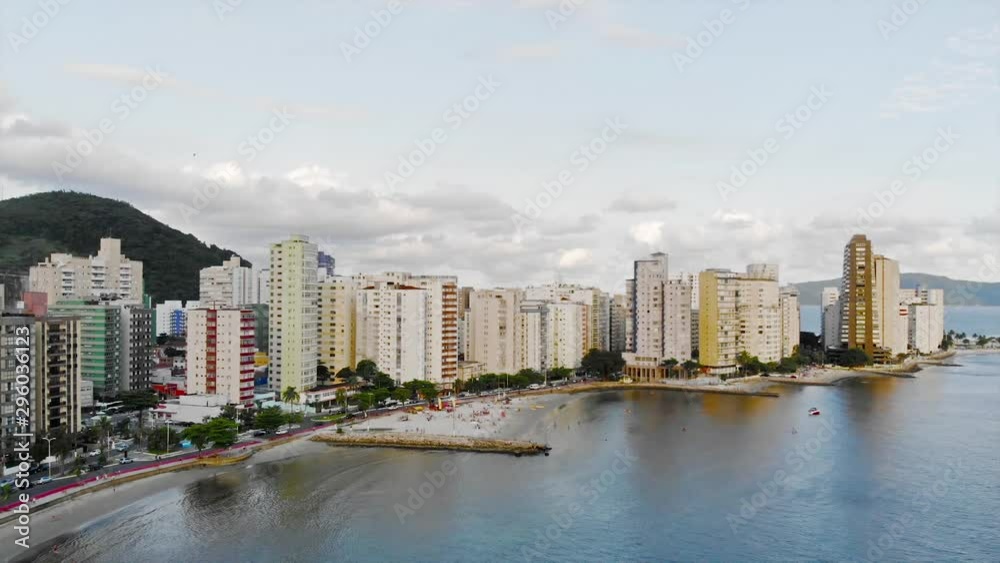 Top Aerial View Of Skyscrapers In Santos With Beautiful Beach And Sky Views - Dolly Right To Left Top Aerial View Of Skyscrapers In Santos With Beautiful Beach And Sky Views - Dolly Right To Left
