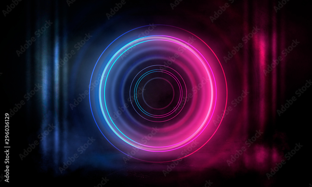 Neon circle on a dark street background, wet asphalt. Blue neon, smoke, smog. Night view of a street with neon. Abstract neon dark background. Neon circle on a dark street background, wet asphalt. Blue neon, smoke, smog. Night view of a street with neon. Abstract neon dark background.