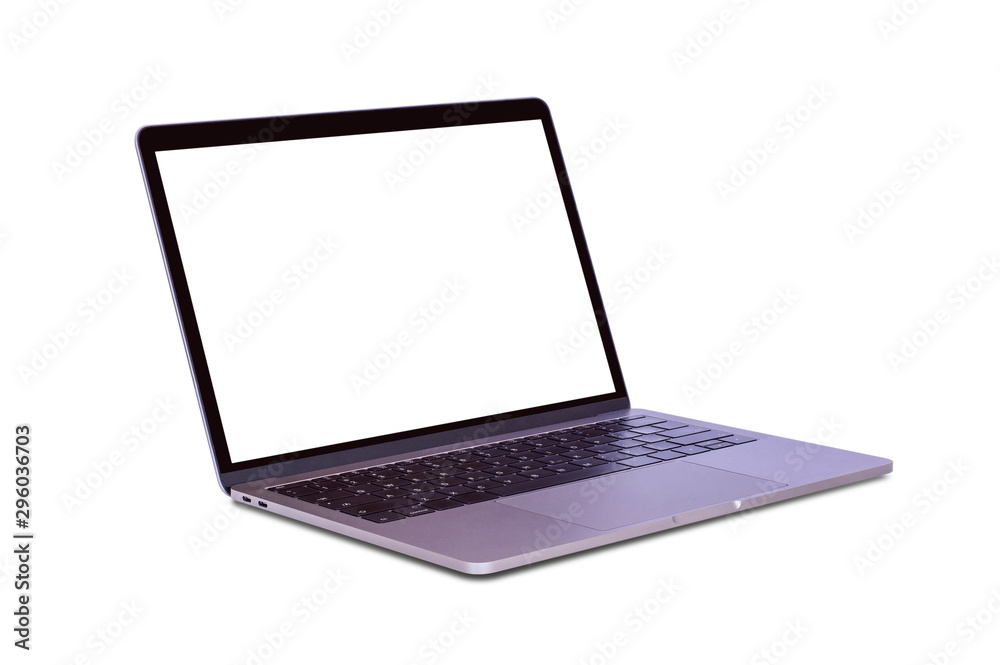Modern laptop computer in right side view with empty screen mockup template isolated on white background. Blank copy space. Clipping path.All in focus. Modern laptop computer in right side view with empty screen mockup template isolated on white background. Blank copy space. Clipping path.All in focus.