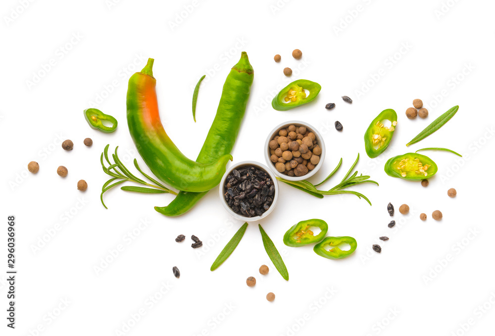Fototapeta premium Different spices on white background