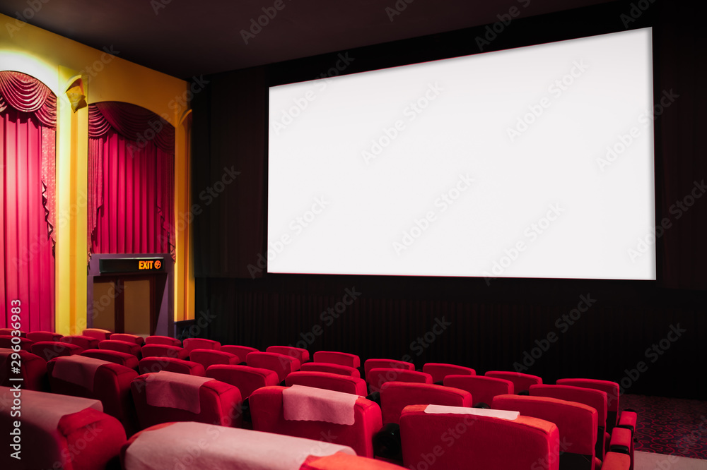 Theatre/theater cinema with white screen, nobody