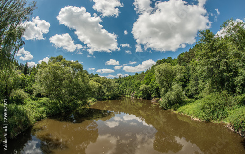 browny river in forest with nice sky and clouds