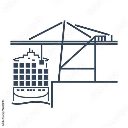 black icon container crane, cargo ship, port terminal