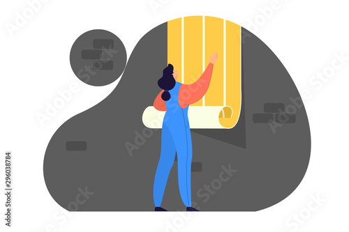 Illustration of woman decorating home with new wallpaper.