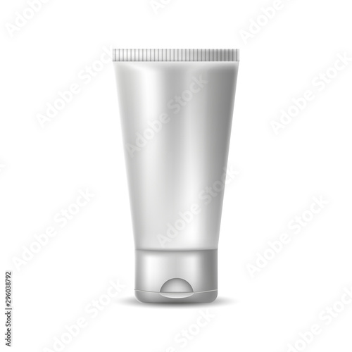White realistic empty tube for toothpaste, cream, lotion, gel, paint. Vector isolated object on a white background. Mock up for banner, card, brochure and booklet. Product packaging illustration.