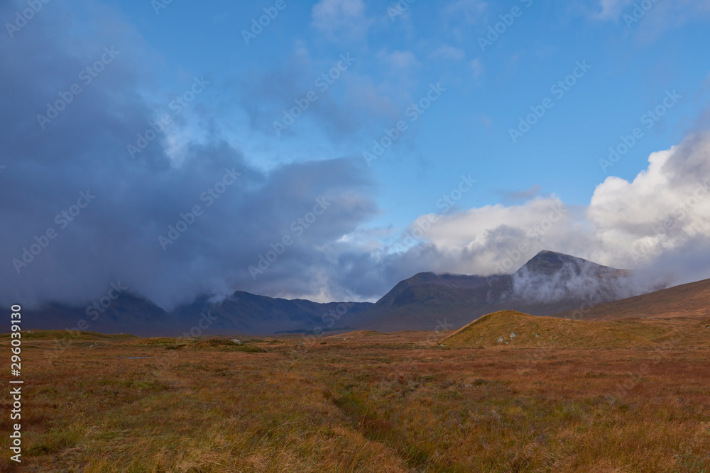 Looking to the south of Rannoch Moor, with dark low clouds hiding the mountain tops on a weather changing day in October. Looking to the south of Rannoch Moor, with dark low clouds hiding the mountain tops on a weather changing day in October.