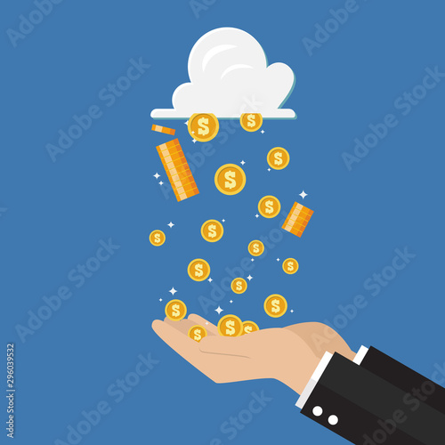 businessman hand receiving money rain from cloud technology