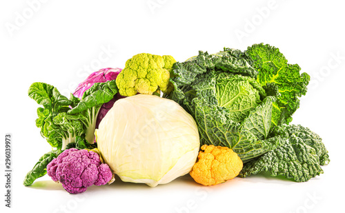 Assortment of fresh cabbage on white background