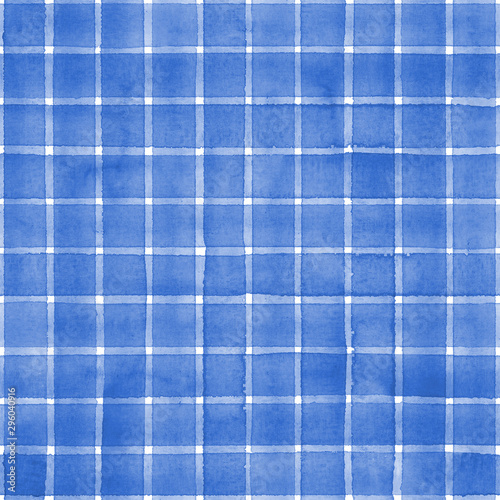 Watercolor stripe plaid seamless pattern. Blue stripes on white background