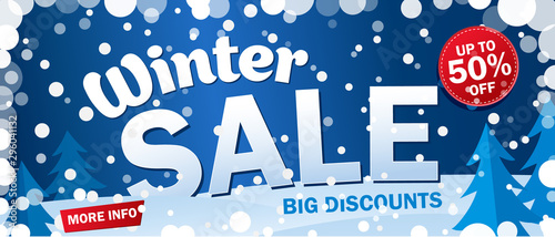 bright horizontal Sale banner on blue background with snowflakes. Text - Winter sale, big discounts. Up to 50 off. Final offer. Snow vector illustration.