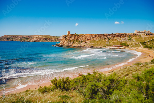 Fototapeta Naklejka Na Ścianę i Meble -  Golden Bay Malta summer tourist resort beach azure water sea, . Concept travel