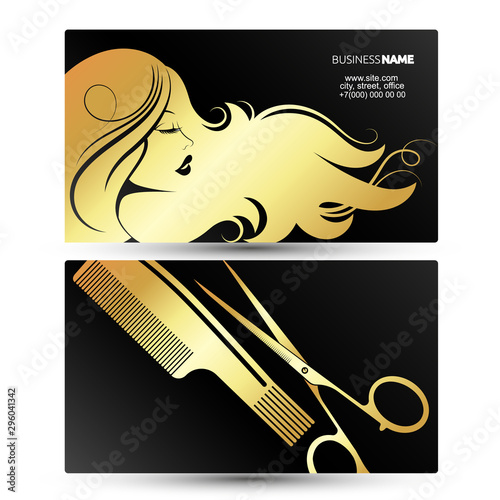 Profile of girl with scissors hairstyle and comb business card
