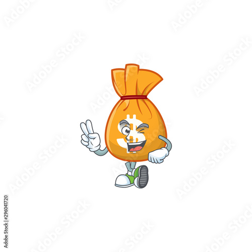 Two finger cartoon bag of money with mascot