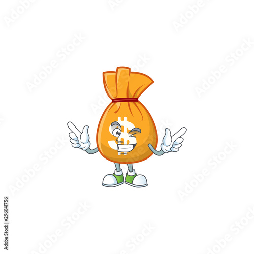Wink cartoon bag of money with mascot