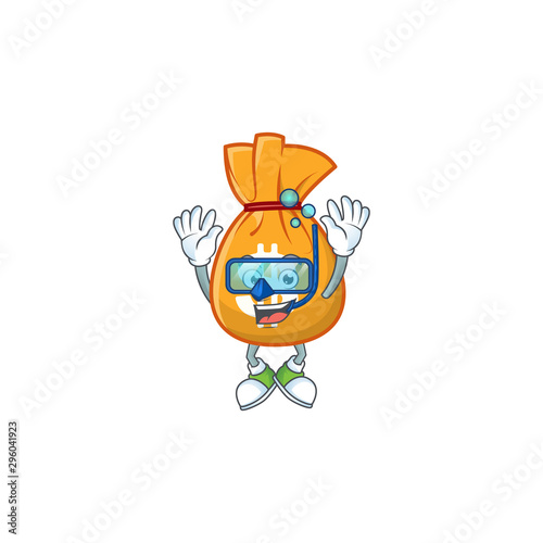 Diving cartoon bag of money with mascot