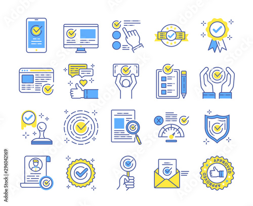 Approved elements color line icons set. Check marks, ticks collection. Checklist, certificate, documents, award medal, web sites symbols.