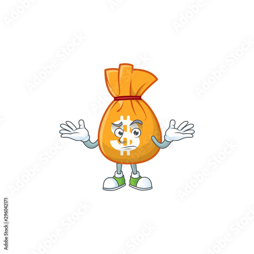 Grinning cartoon bag of money with mascot