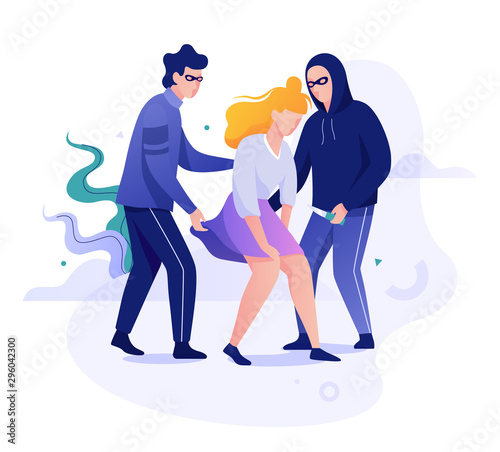 Canvas-taulu Group of man attack woman. Idea of sexual harrassment