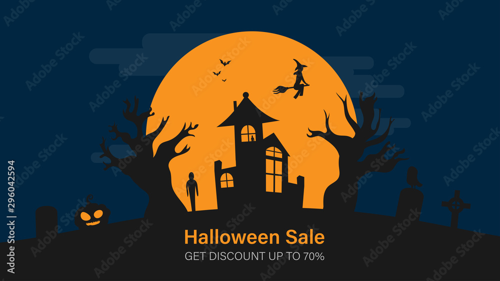 Happy halloween sale with smartphone show e-commerce payment for website. Big sale halloween holiday event. Flash sale on halloween. Halloween vector illustration