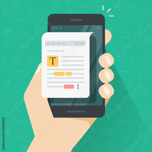 Text file document editor on mobile phone vector illustration, flat cartoon author or copyrighter editing or writing content with spelling correction on cellphone screen image