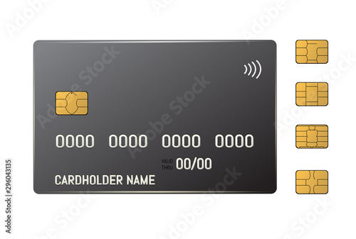 Black credit plastic card with emv chip. Contactless payment