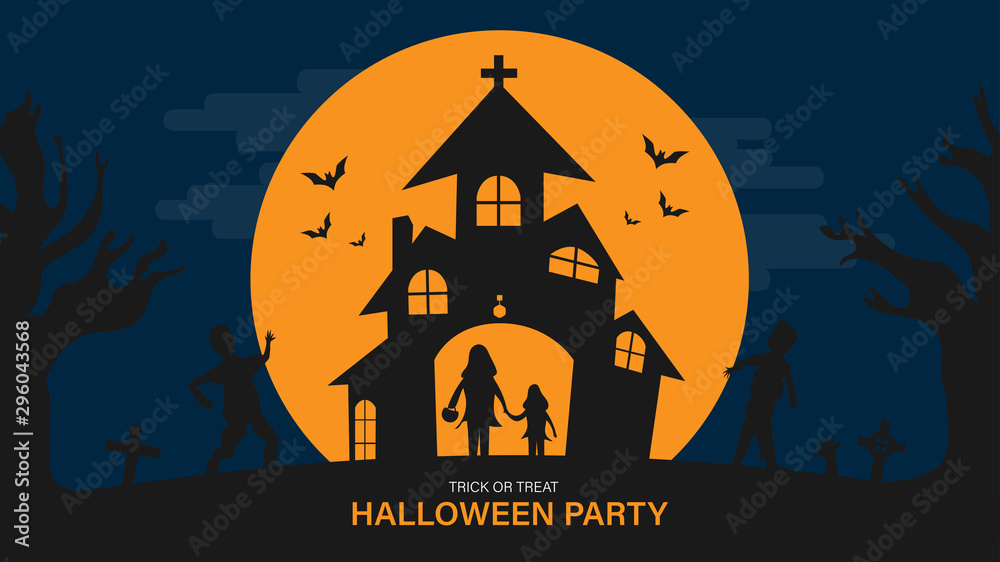 Happy halloween with night scene for landing page. Halloween with witch fly on the sky vector illustration background for presentation. Web Page for halloween. Halloween celebrate template design.