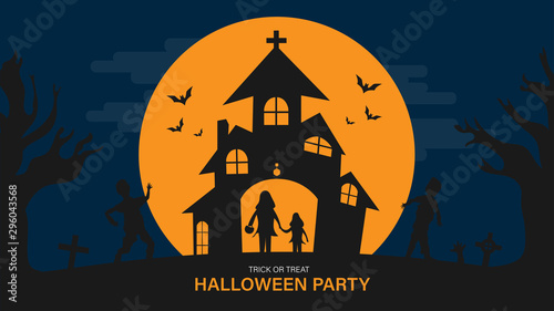 Happy halloween with night scene for landing page. Halloween with witch fly on the sky vector illustration background for presentation. Web Page for halloween. Halloween celebrate template design.