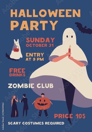 Halloween costume party flat poster vector template. Autumn holiday celebration event invitation. Zombie club advertising brochure, banner layout. People in spooky outfits illustration with typography