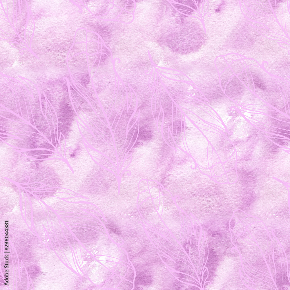 Seamless pattern with hand drawn feathers with watercolor splatters. Seamless pattern with hand drawn feathers with watercolor splatters.
