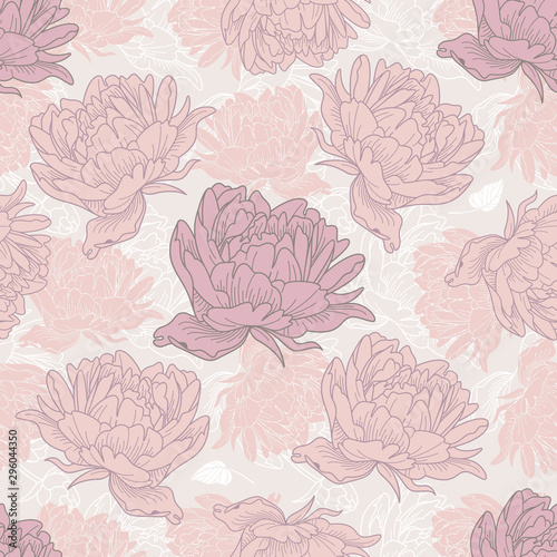 Peony flowers vector seamless pattern. Floral textile or wallpaper.