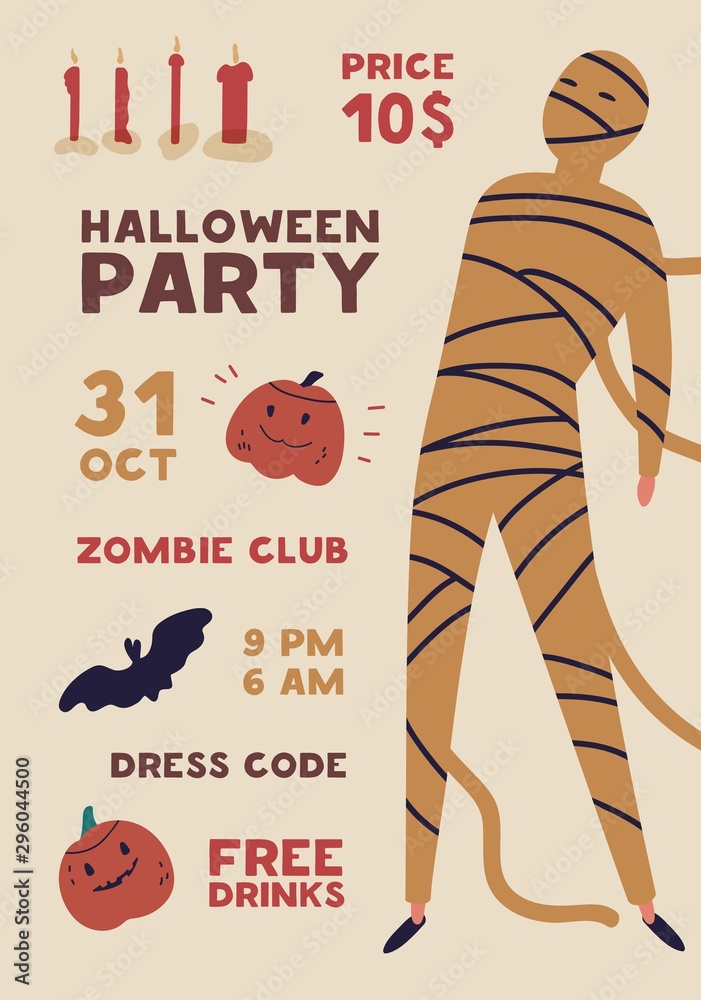 Halloween party flat poster vector template. Holiday entertainment event, masquerade invitation. Club advertising brochure, flyer, banner layout. Creepy mummy, monster illustration with typography.