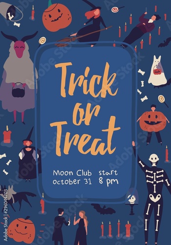 Autumn holiday flat poster vector template. Trick or treat banner, halloween masquerade placard concept. Moon club invitation card design. People in festive costumes illustration with typography.