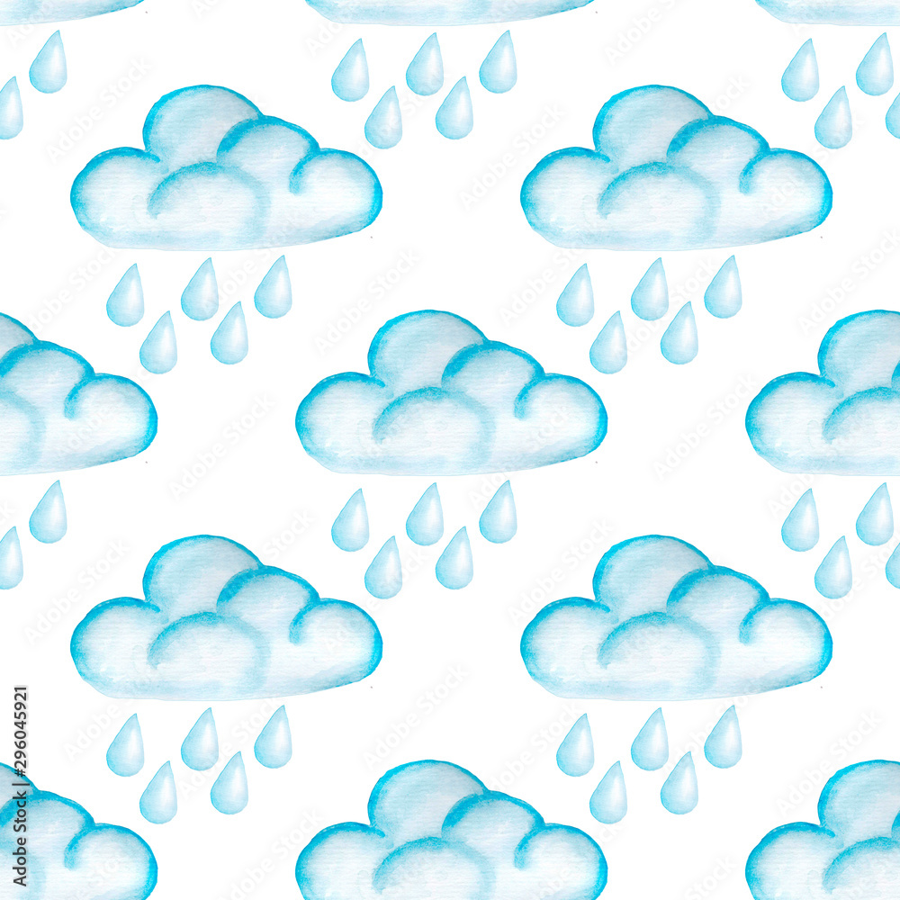 clouds weather seamless watercolor pattern. Watercolor illustration with colorful clouds. Seamless watercolor pattern for print design. Colorful wallpaper. Separate illustrations. White isolated